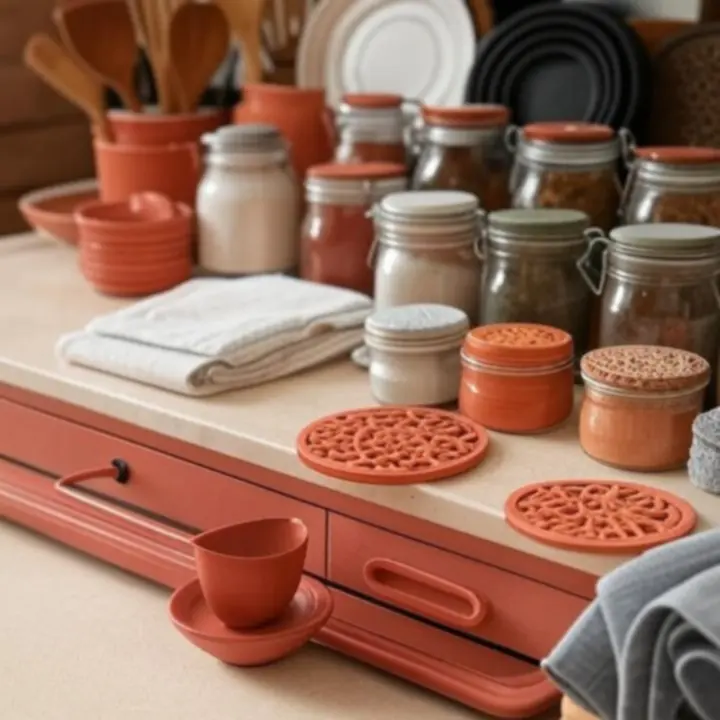 Verfijnde selectie van CookVeesta keukenaccessoires op een warme houten keukenopstelling.