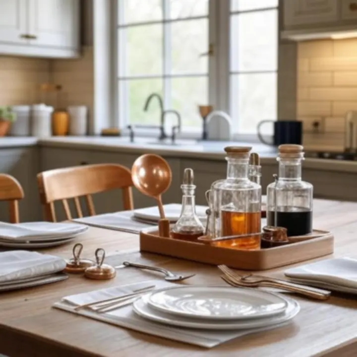 Warme keukenlifestyle met CookVeesta accessoires zoals utensil houders, serveerschalen en tafeldecoratie.