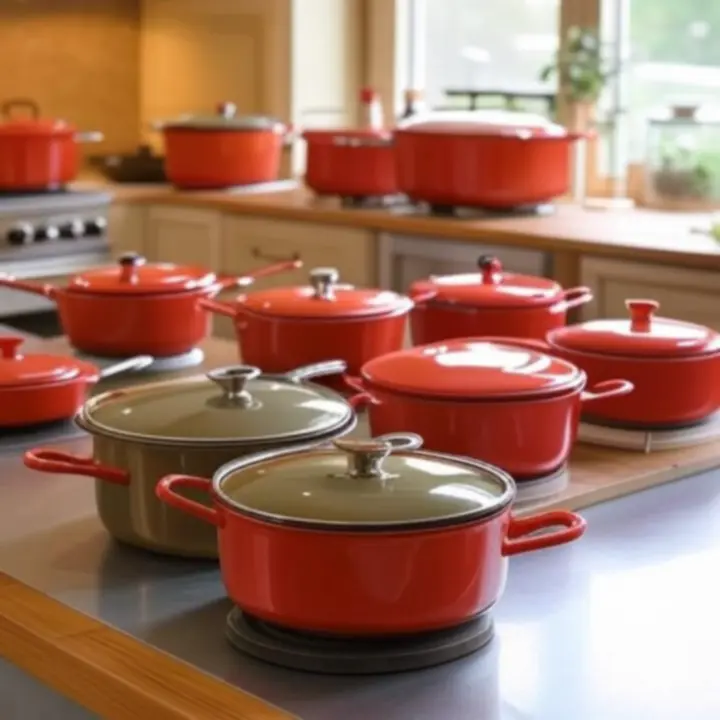 Elegante collectie van premium pannen en kookgerei op een warme, moderne keukenachtergrond.