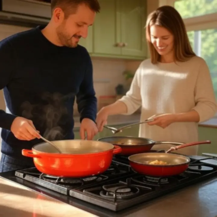 Kok die kookt met een set hoogwaardige pannen in een warme, moderne keuken.