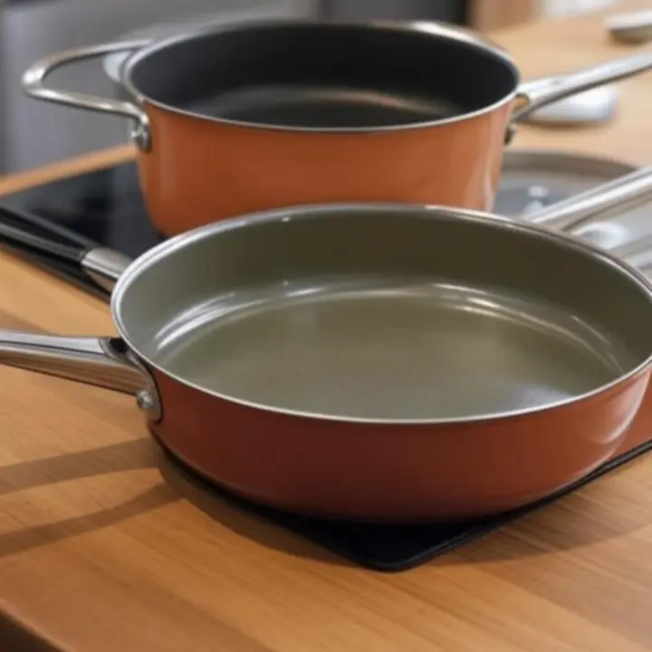 Detailopname van een set hoogwaardig afgewerkte pannen met metalen handgrepen.