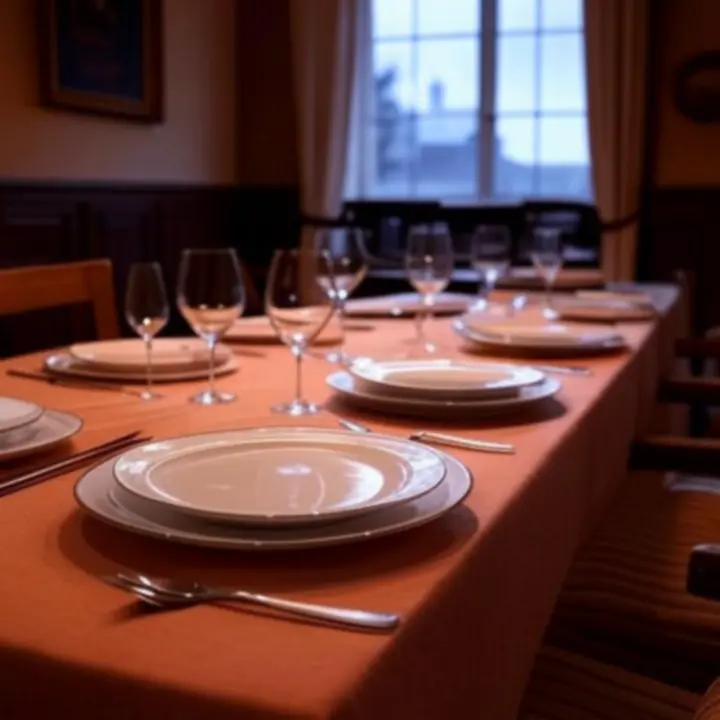 Sfeervol gedekte tafel met servies, glazen en serveerschalen in warme tinten.