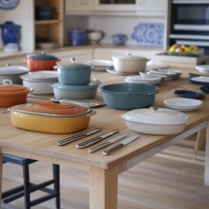 Stijlvolle opstelling van premium pannen, borden en keukengerei in een warme Nederlandse keukenomgeving.