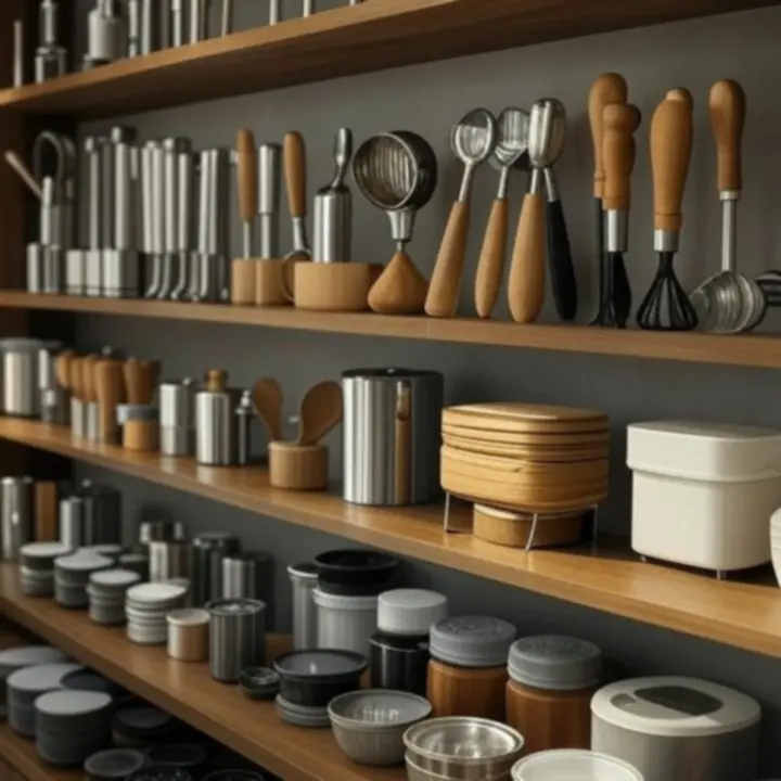 Verzorgd gestylde collectie van CookVeesta keukengerei op een werkblad.