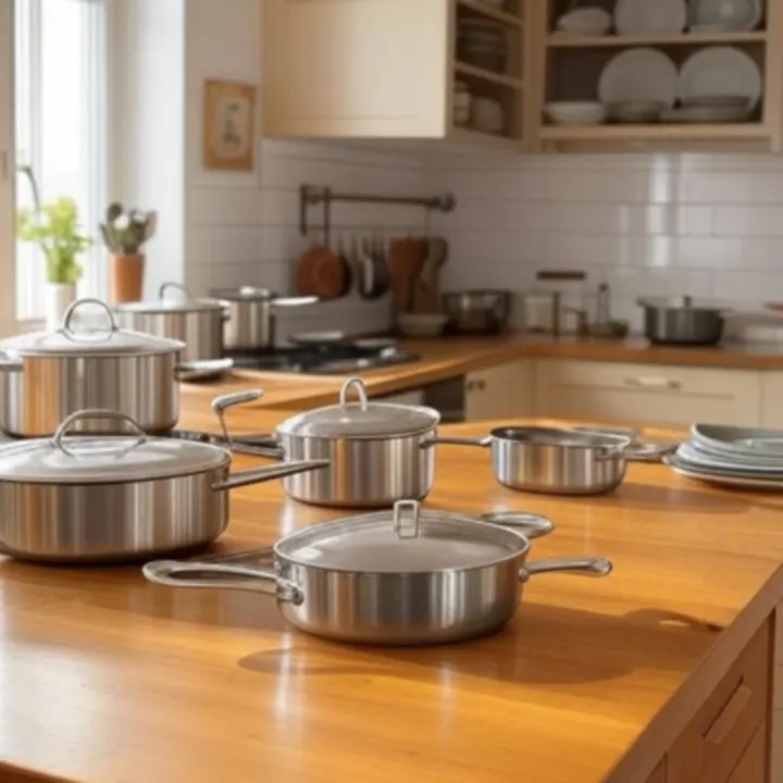 Warme Nederlandse keuken met premium kookpannen, houten spatels en elegante keukengerei, sfeervol uitgelicht.