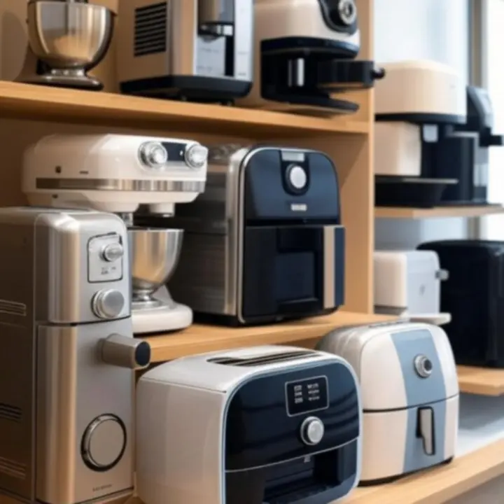 Stijlvol uitgestalde collectie moderne keukenapparaten op een aanrecht