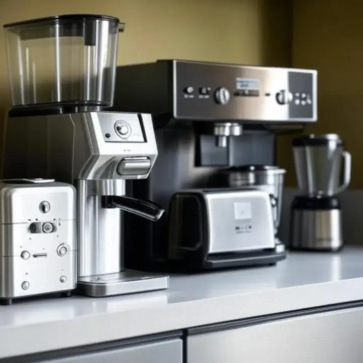 Moderne keukenapparaten zoals een koffiemachine en foodprocessor in een stijlvolle Nederlandse keuken.