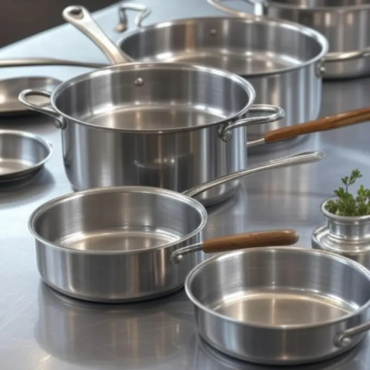 Premium kookpannen en schalen in geborsteld staal en aardetinten op een stijlvolle kookplaat.