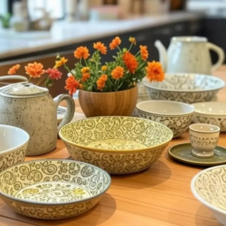 Seizoensgebonden display met serveerschalen, glazen en kookgerei voor feestelijk dineren.