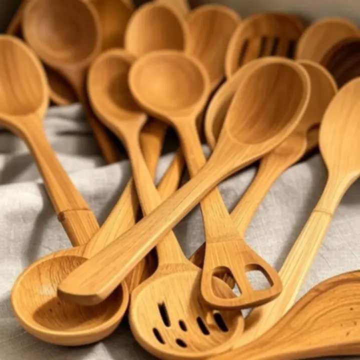 Display van houten keukengerei van olijfhout en bamboe op een licht werkblad.